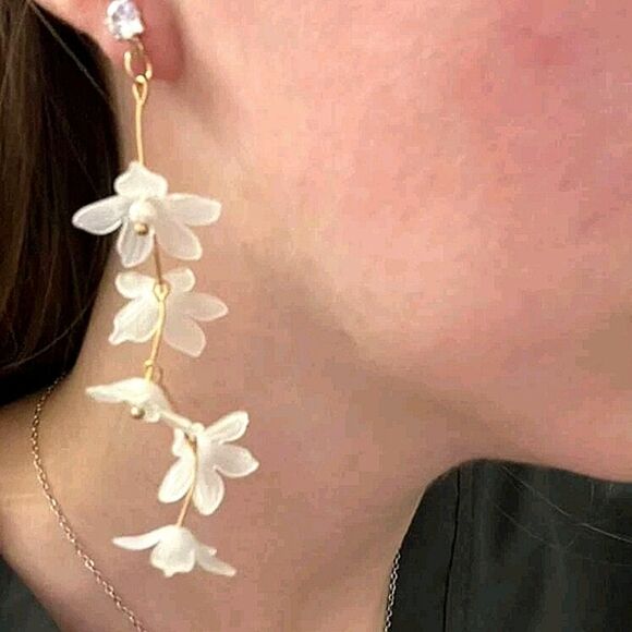 Gold statement Earrings Boho white Flower Clear  Floral dangle dainty 2/$30 - Picture 13 of 15